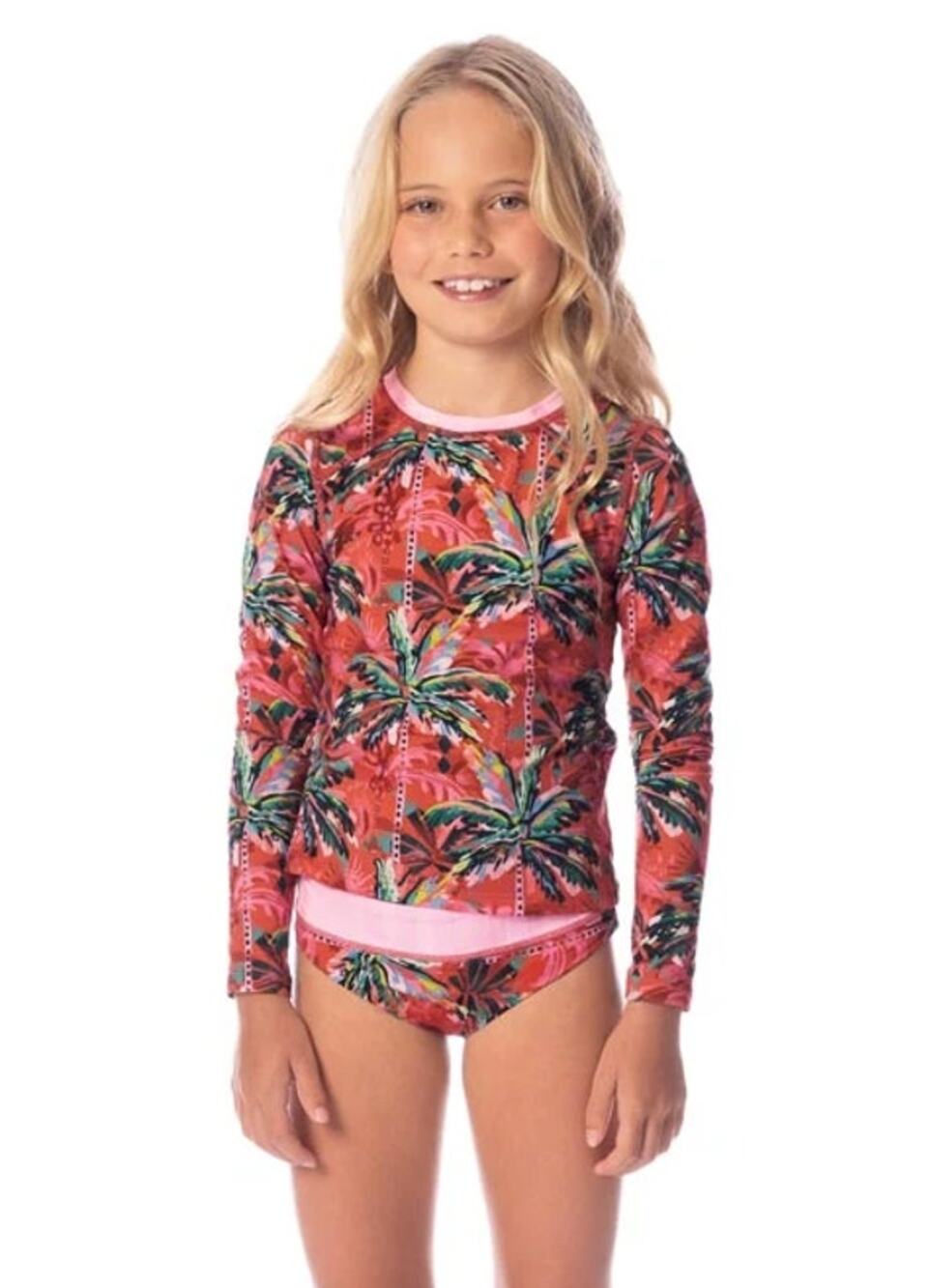 MAAJI Girl's Odyssey Rashguard Swim Top Size 12 Red Flame Palms Long Sleeve NWT
